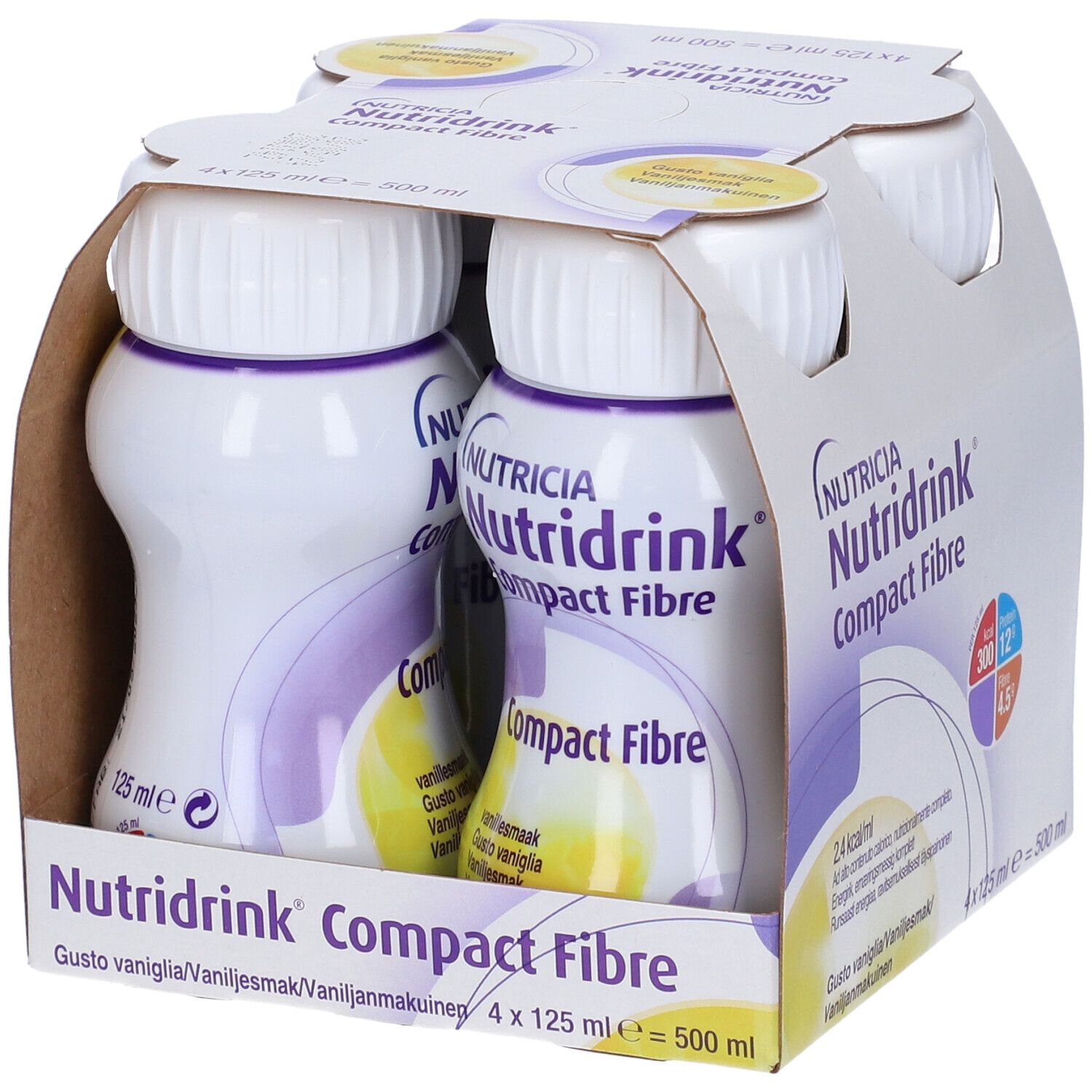 Confezione da quattro bottiglie Nutridrink Compact Fibre. Bottiglie bianche in confezione di cartone. Parzialmente aperto.