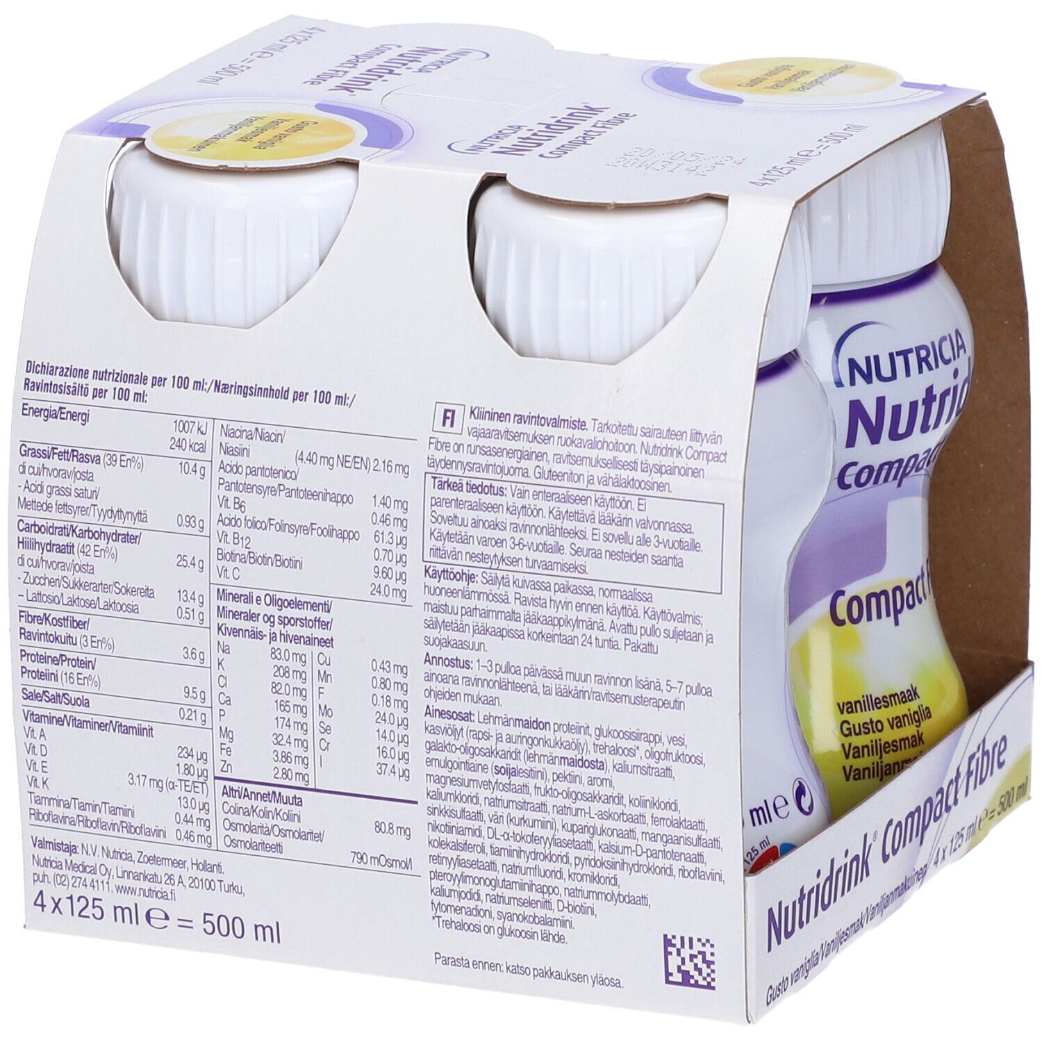 Confezione da quattro bottiglie Nutridrink Compact Fibre. Retro della confezione con informazioni nutrizionali.