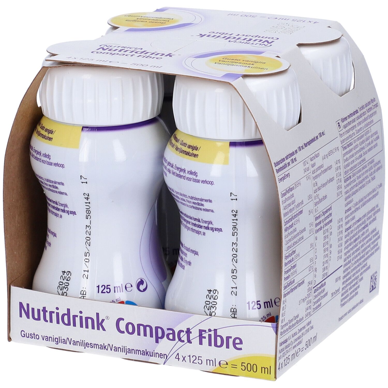 Confezione da quattro bottiglie Nutridrink Compact Fibre. Bottiglie bianche in confezione di cartone. Parzialmente aperto.