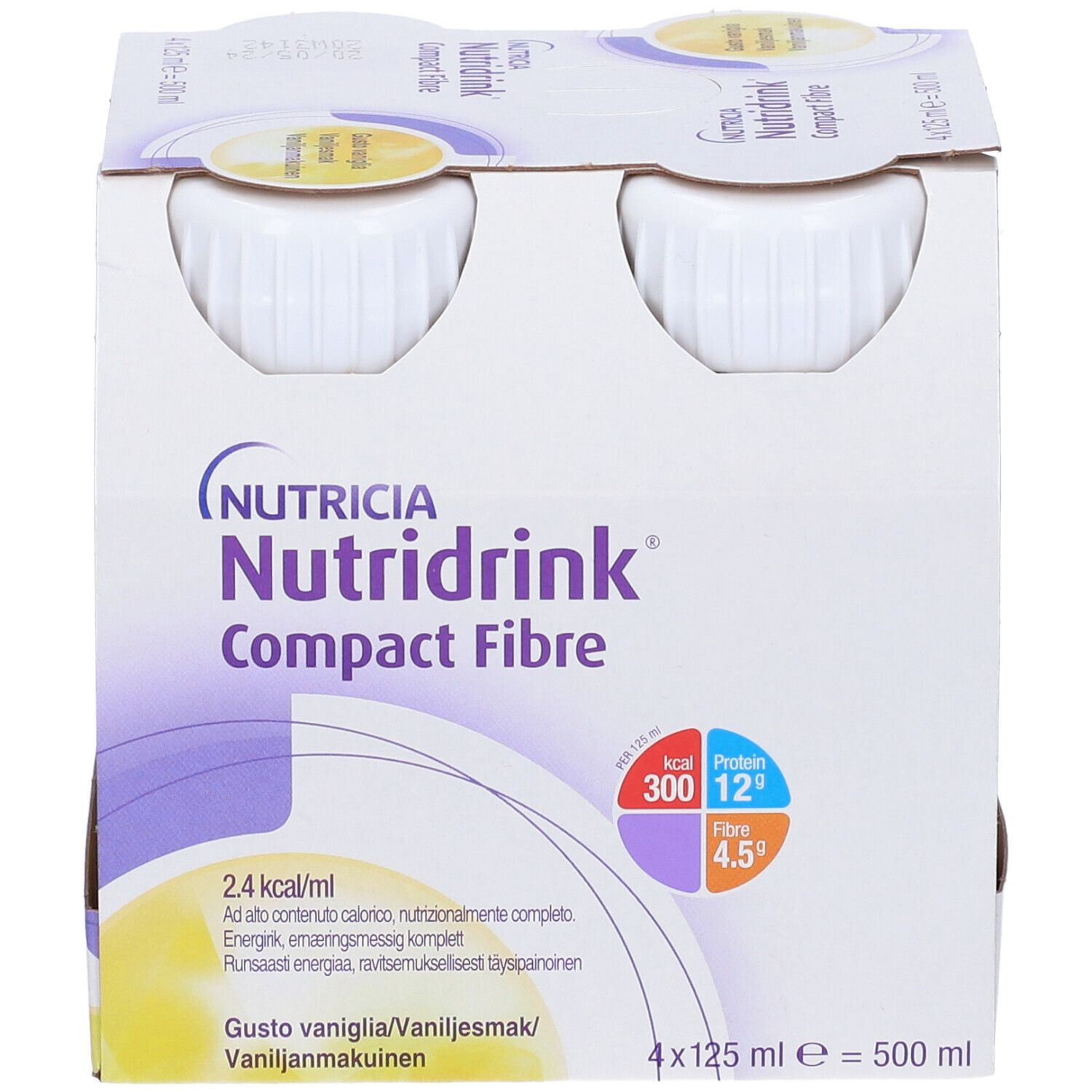 Confezione da quattro bottiglie Nutridrink Compact Fibre. Bottiglie bianche in confezione di cartone. Stampa con informazioni nutrizionali.