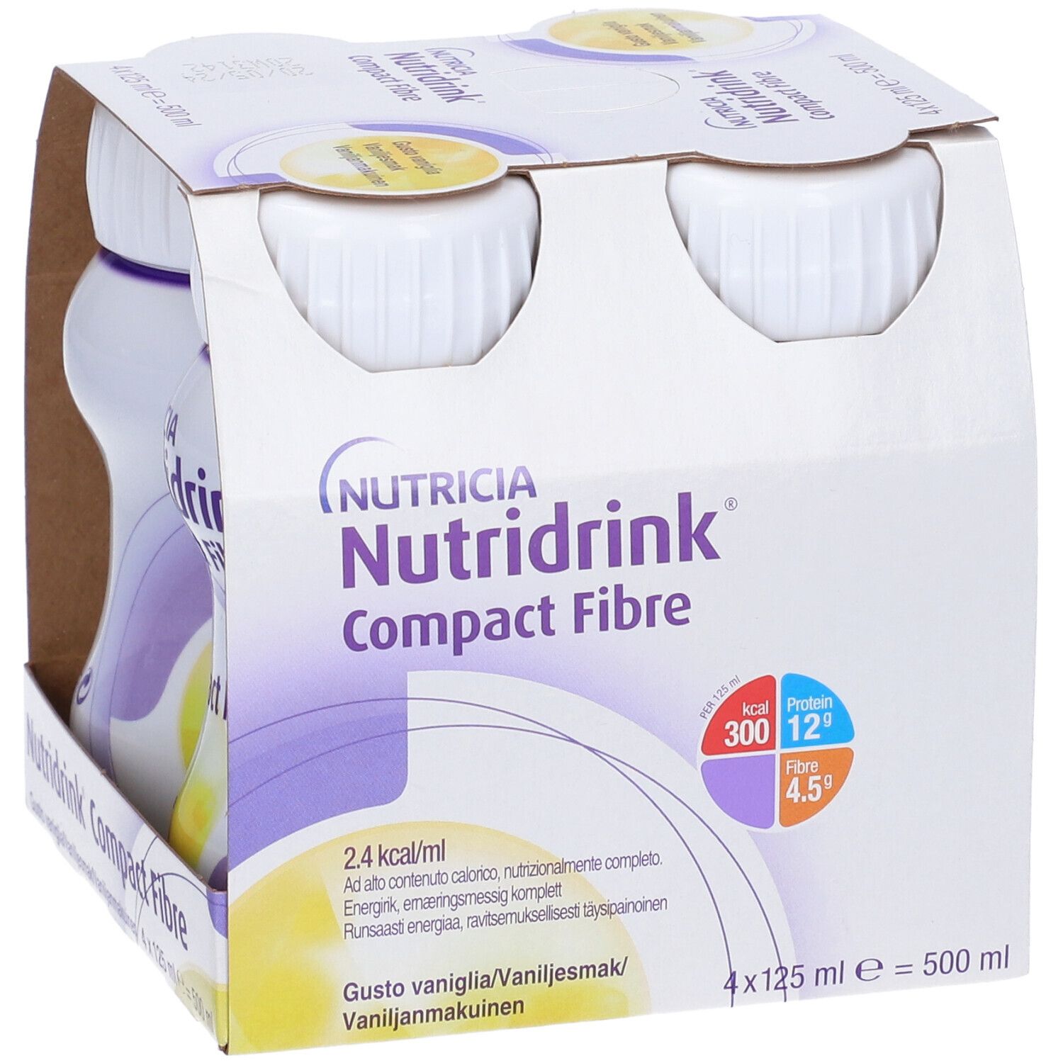 Confezione da quattro bottiglie Nutridrink Compact Fibre. Bottiglie bianche in confezione di cartone. Stampa con informazioni nutrizionali.