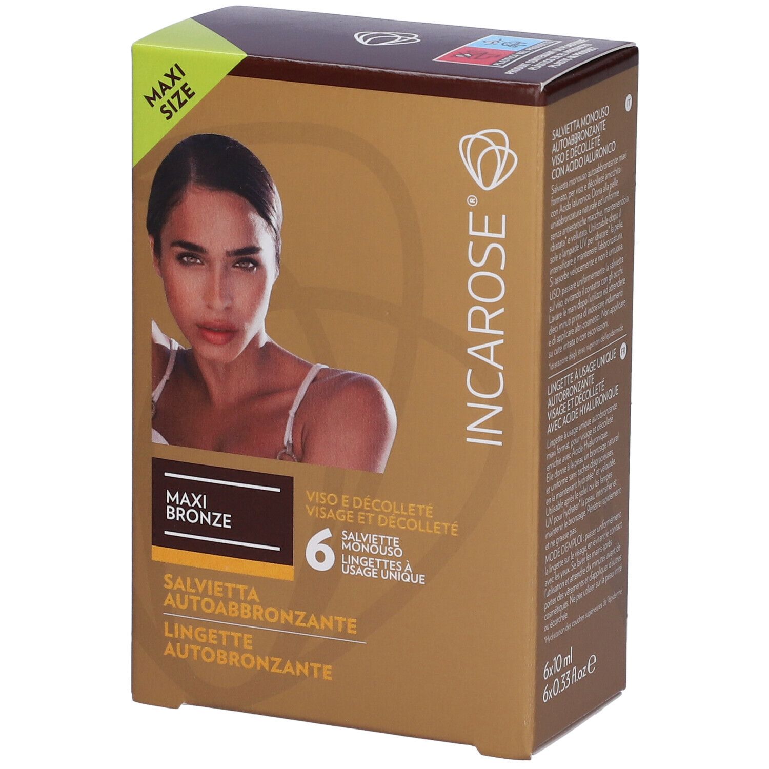 Confezione marrone con immagine del prodotto e testo. Contiene 6 salviette. Scritta: Maxi Bronze, salviette autoabbronzanti. Per viso e décolleté.