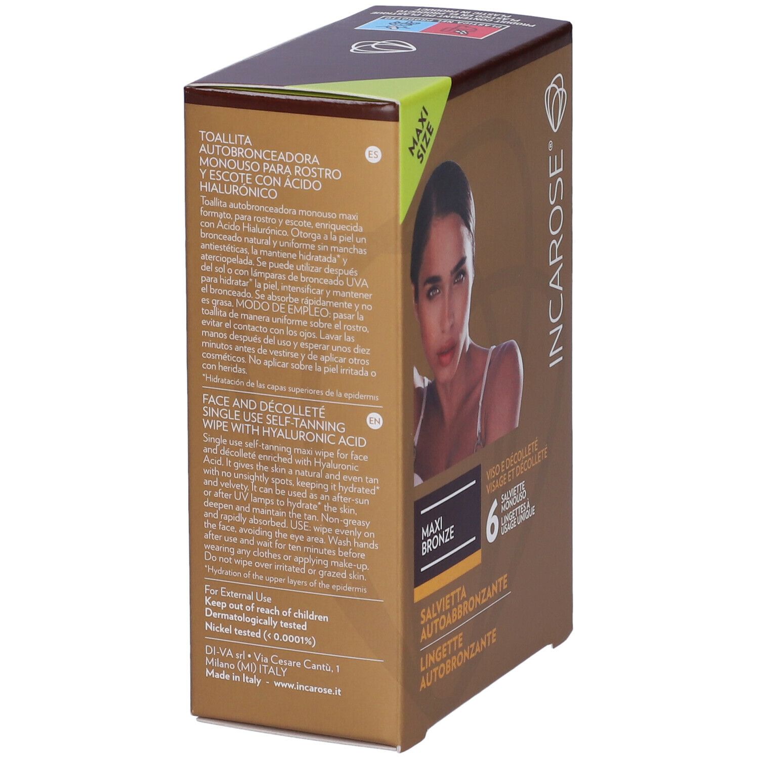 Confezione marrone con immagine del prodotto e testo. Contiene 6 salviette. Scritta: Maxi Bronze, salviette autoabbronzanti. Con acido ialuronico.