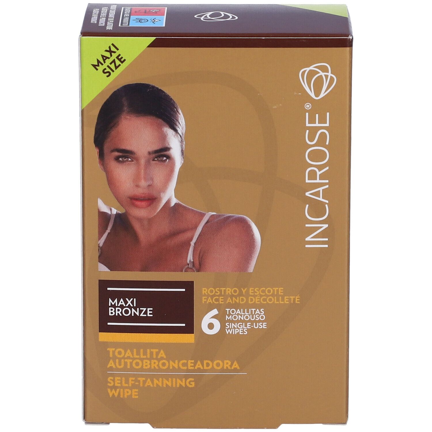 Confezione marrone con immagine del prodotto e testo. Contiene 6 salviette. Scritta: Maxi Bronze, salviette autoabbronzanti. Per viso e décolleté.