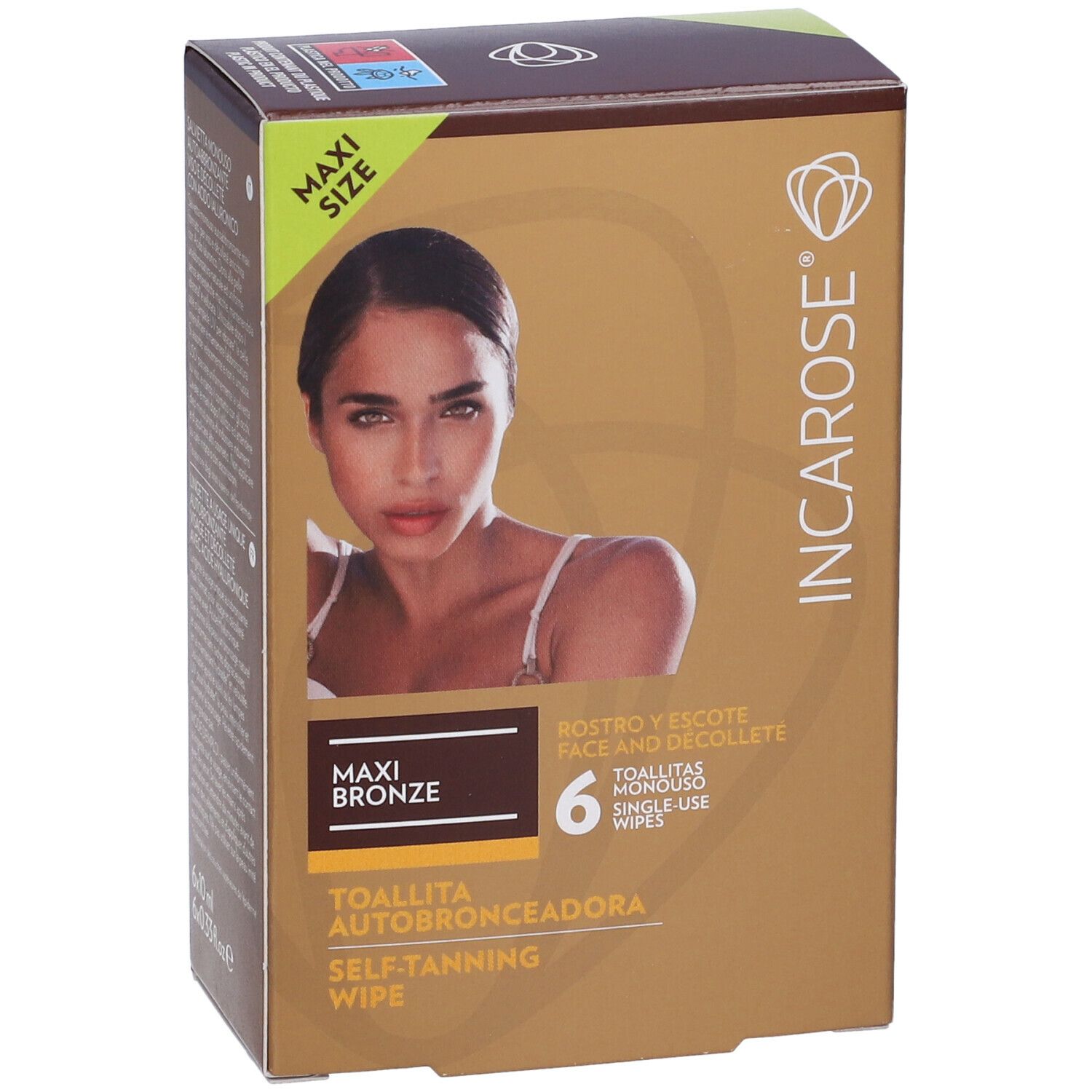 Confezione marrone con immagine del prodotto e testo. Contiene 6 salviette. Scritta: Maxi Bronze, salviette autoabbronzanti. Per viso e décolleté.