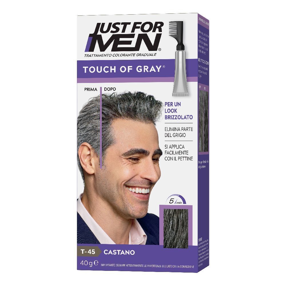 Confezione prodotto per coprire i capelli grigi. Include spazzola e tubetto. Scritta: Touch of Gray, Castano.