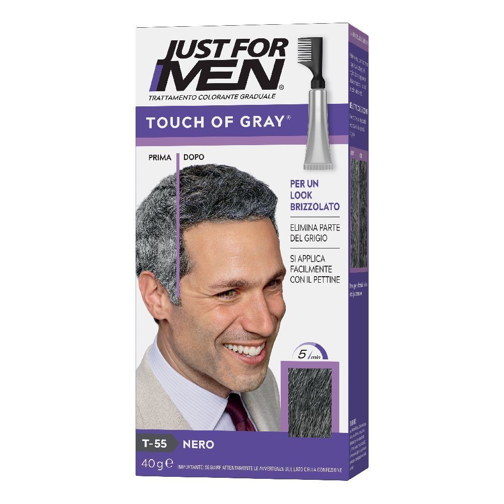Schachtel mit Just For Men Touch Of Gray. Enthält eine Tube, einen Applikator und eine Abbildung eines Mannes mit grauem Haar.