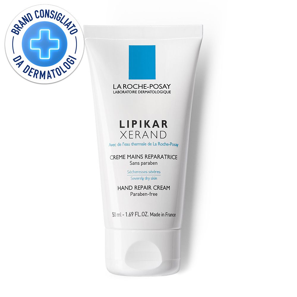 Tubo bianco con logo blu. Scritta: LIPIKAR XERAND. Crema mani riparatrice. Consigliato dai dermatologi.