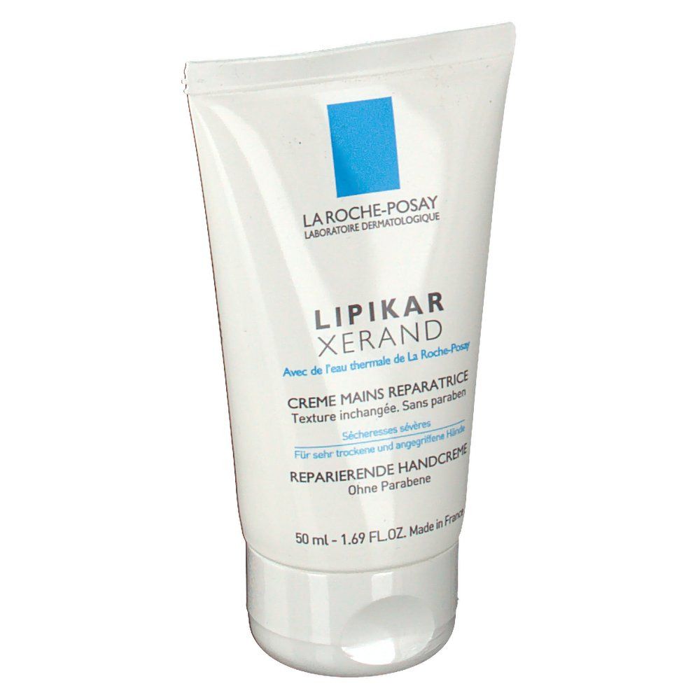Tubo bianco con logo blu. Scritta: LIPIKAR XERAND. Crema mani riparatrice. Senza parabeni.