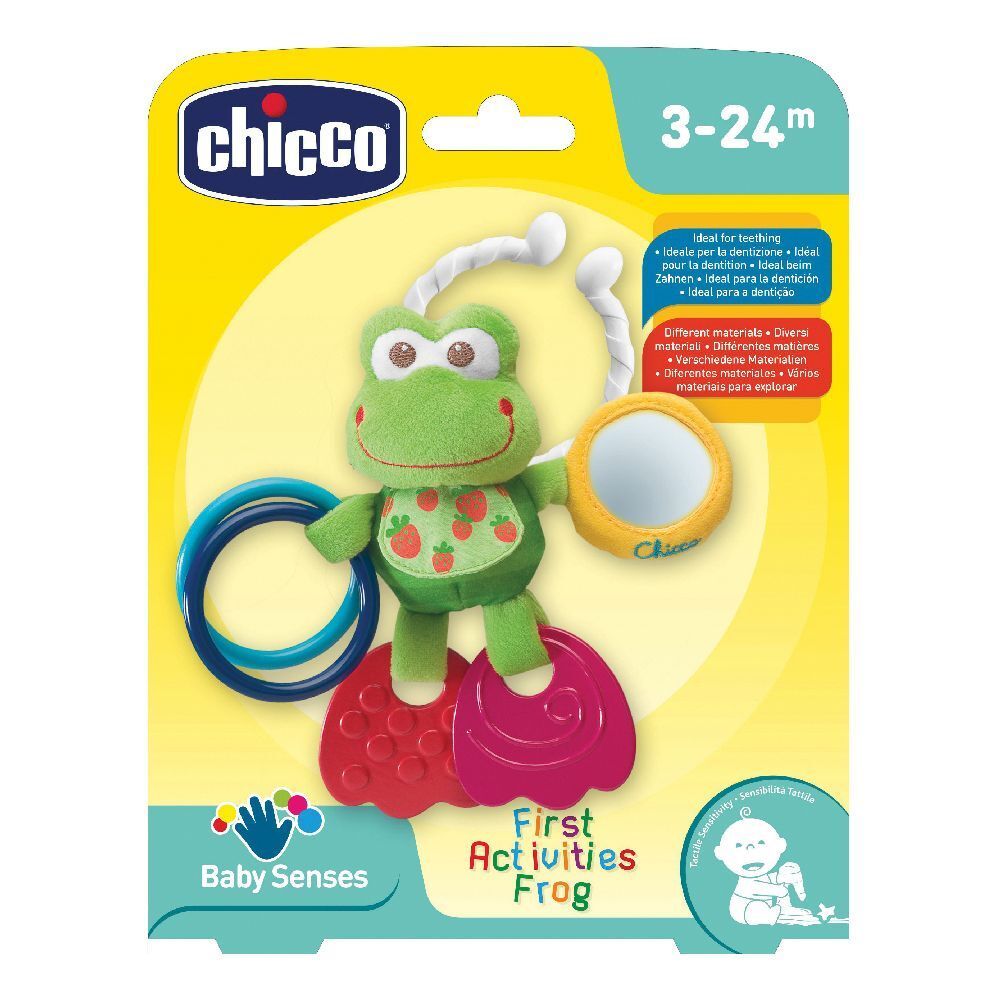 Giocattolo a forma di rana Chicco con anelli e specchio. Verde, rosso e blu. Confezione con logo e indicazione età 3-24 mesi.