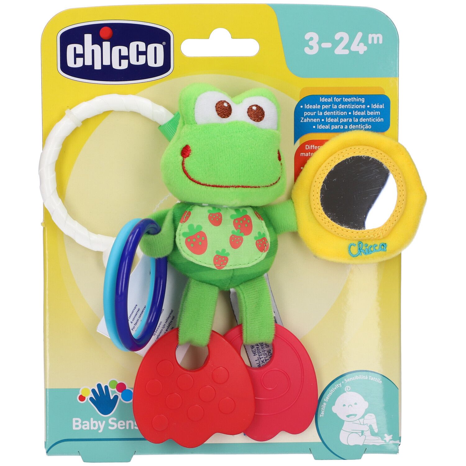 Giocattolo a forma di rana Chicco con anelli e specchio. Verde, rosso e blu. Prodotto su confezione con logo e indicazione età.