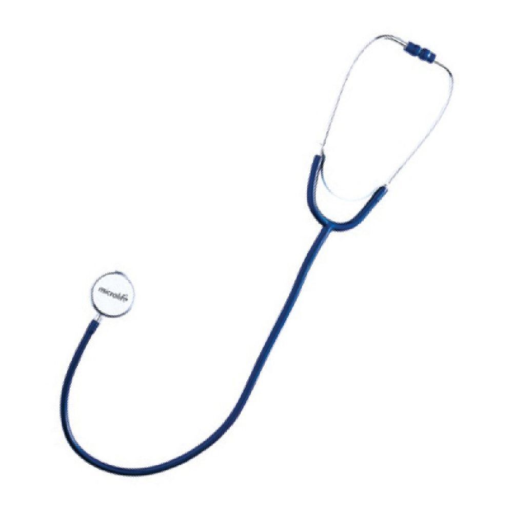 Stetoscopio blu. Auricolari in metallo, campana e tubo. Marchio Microlife.