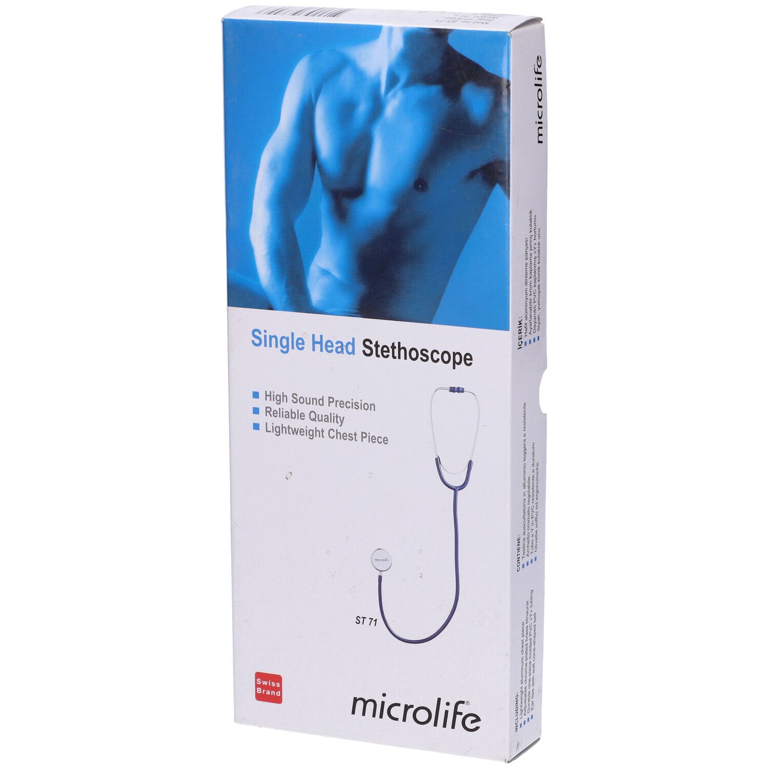 Confezione per stetoscopio a testa singola. Marchio Microlife. Immagine di un uomo. Testo: High Sound Precision, Reliable Quality.