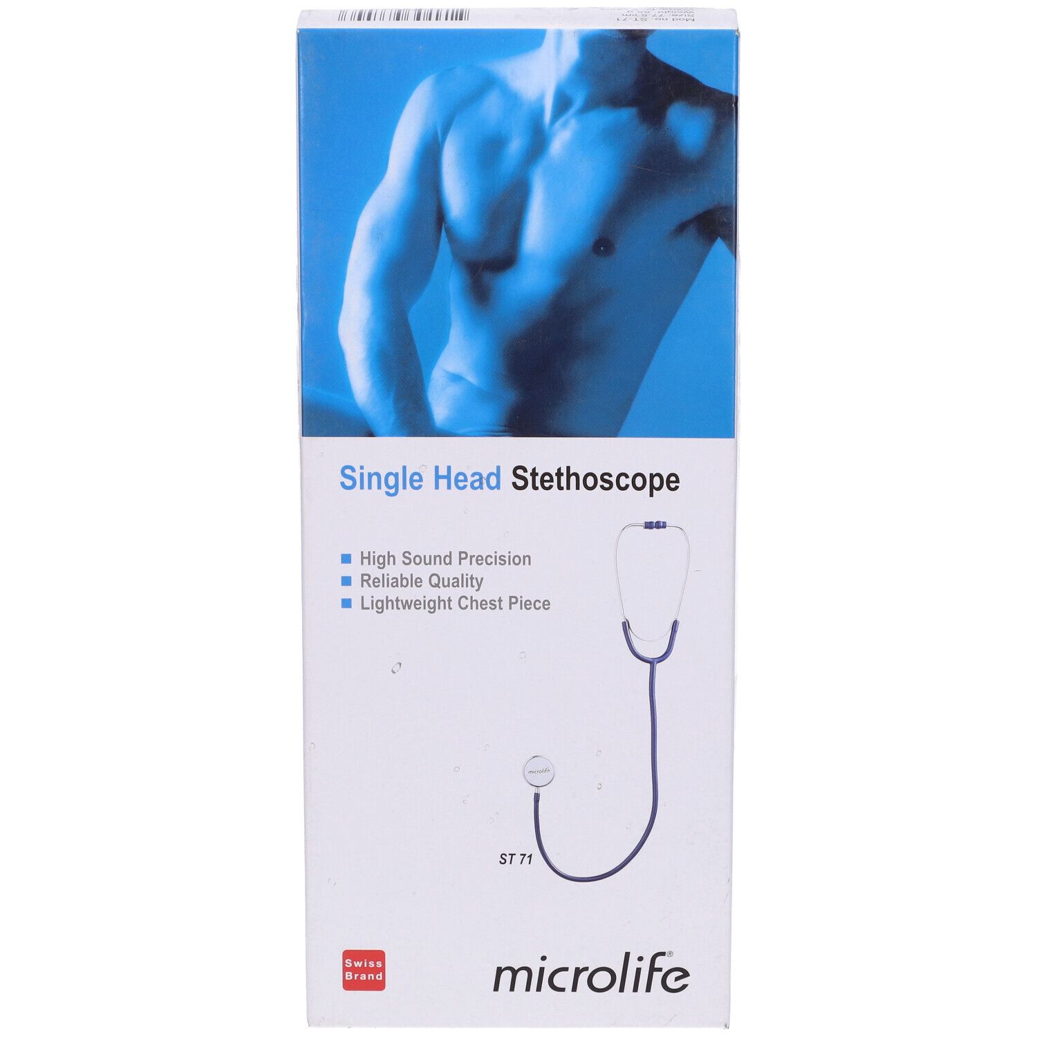 Confezione per stetoscopio a testa singola. Marchio Microlife. Immagine di un uomo. Testo: High Sound Precision, Reliable Quality.