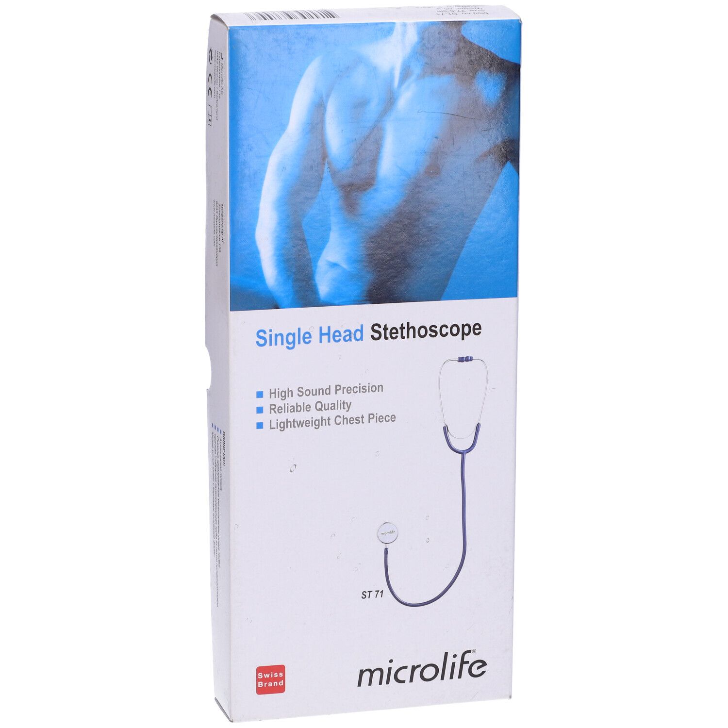 Confezione per stetoscopio a testa singola. Marchio Microlife. Immagine di un uomo. Testo: High Sound Precision, Reliable Quality.