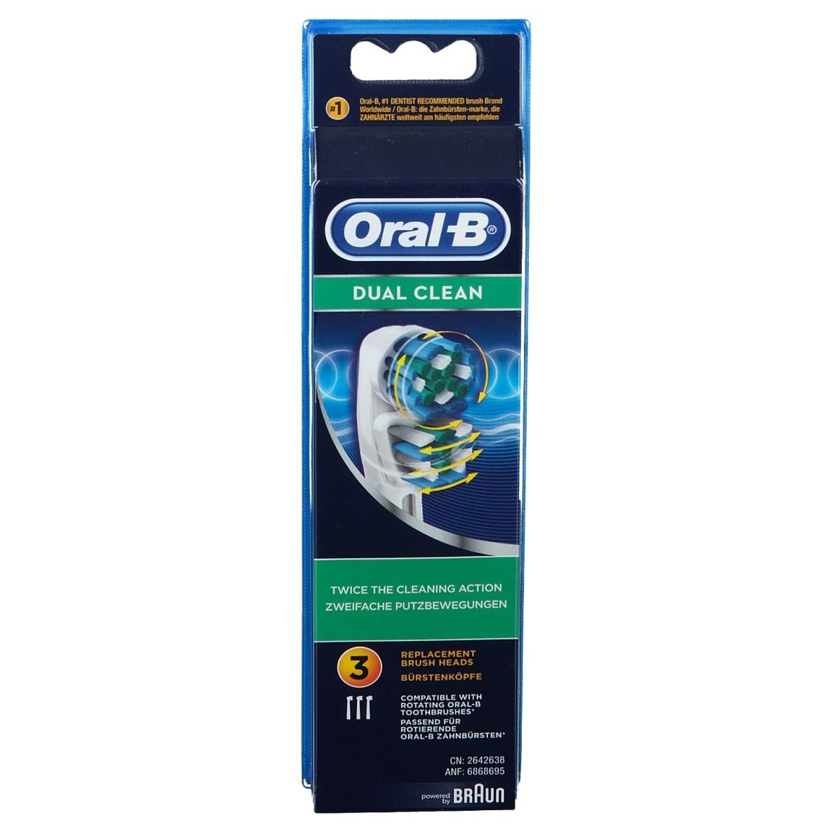 Confezione Oral-B Dual Clean. Scatola blu con immagine del prodotto e testo. Contiene 3 testine.