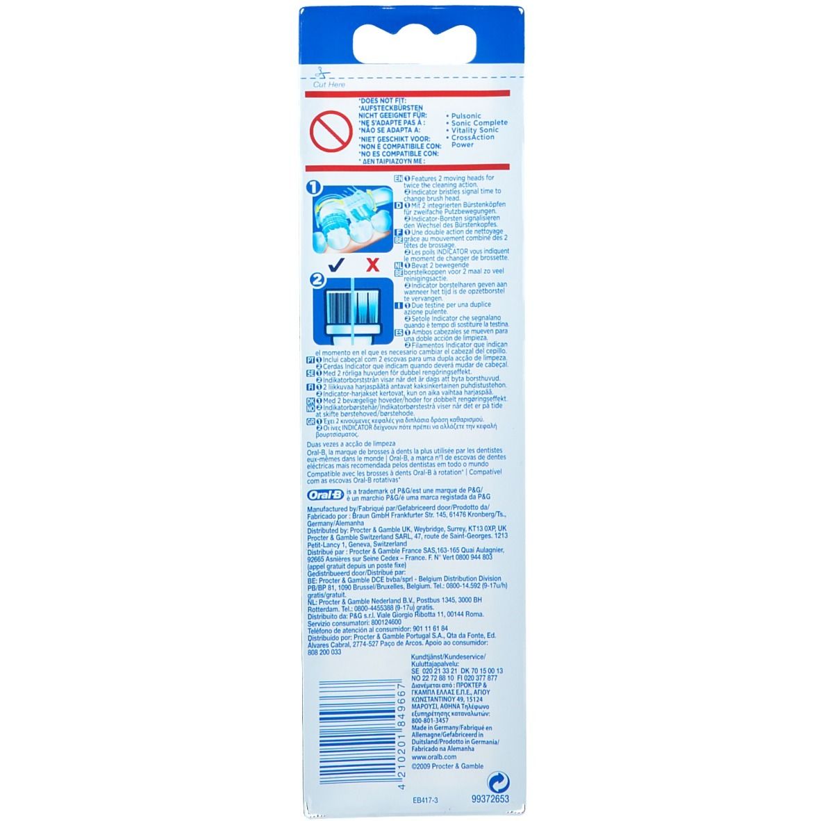 Retro della confezione Oral-B Dual Clean. Testo e pittogrammi su sfondo blu.