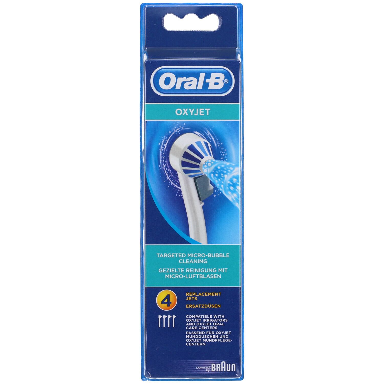 Testine di ricambio OxyJet in confezione. 4 pezzi. Confezione blu e bianca con nome e logo del prodotto.