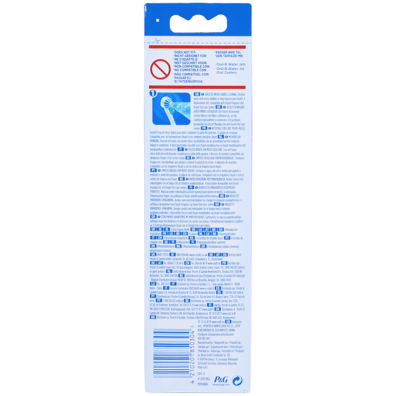 Retro della confezione delle testine di ricambio OxyJet. Testo multilingue, istruzioni e loghi.