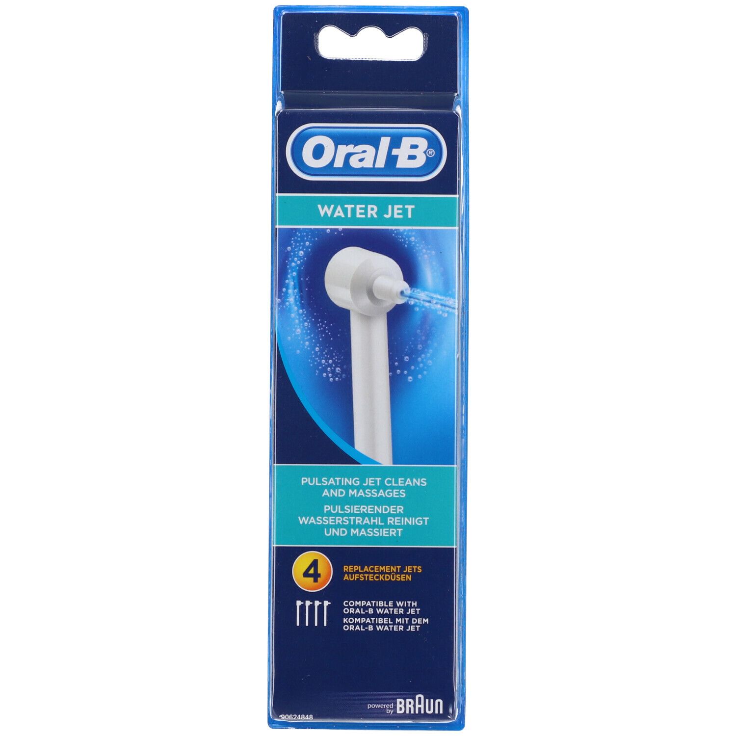 Testine di ricambio Oral-B WaterJet. Confezione blu con immagine e testo. 4 pezzi.