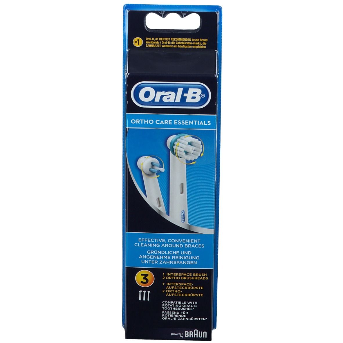 Oral-B Ortho Care Essentials Kit. Verpackung mit 3 Aufsteckbürsten. Produktansicht mit zwei Bürstenköpfen.