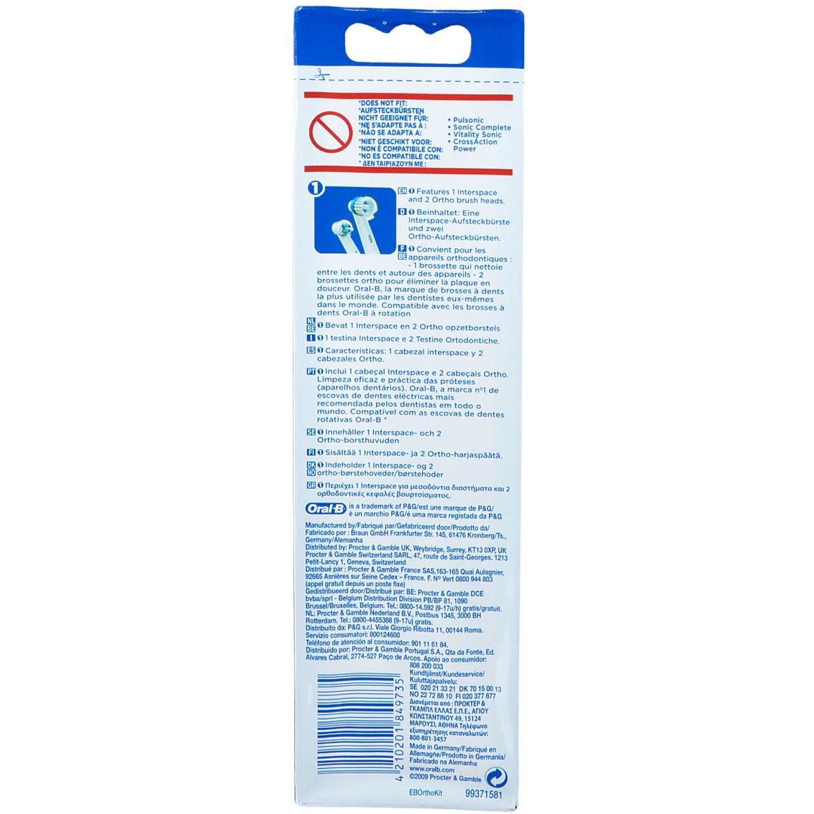 Rückseite der Verpackung des Oral-B Ortho Care Essentials Kits. Textinformationen und Produktabbildung.