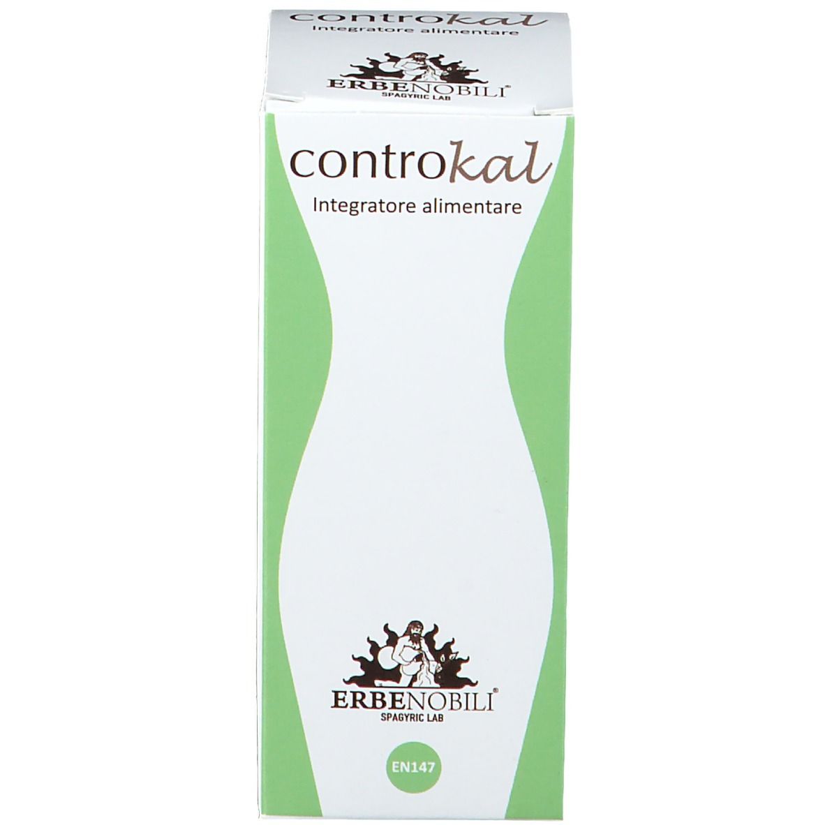 Scatola verde con nome ControKal e logo. Integratore alimentare. Sfondo bianco.