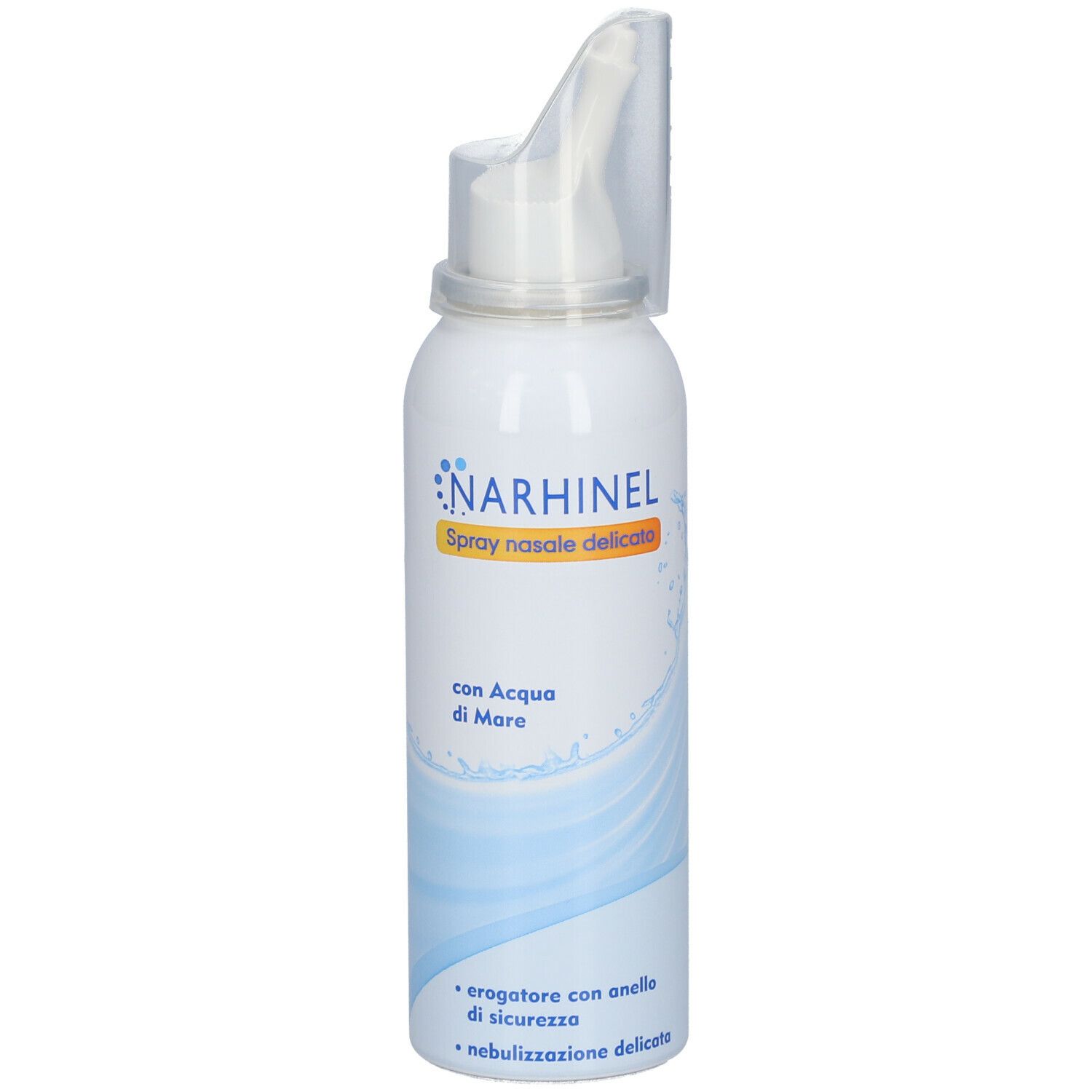 Spray nasale Narhinel bianco con applicatore. Testo: Spray nasale delicato, con Acqua di Mare, erogatore con anello di sicurezza.