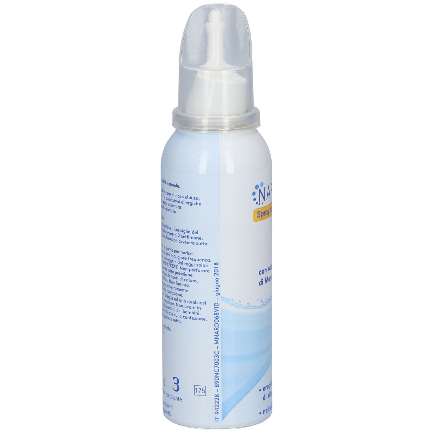 Retro di un flacone Narhinel bianco. Testo: Spray nasale delicato, con Acqua di Mare. Contiene informazioni e istruzioni.