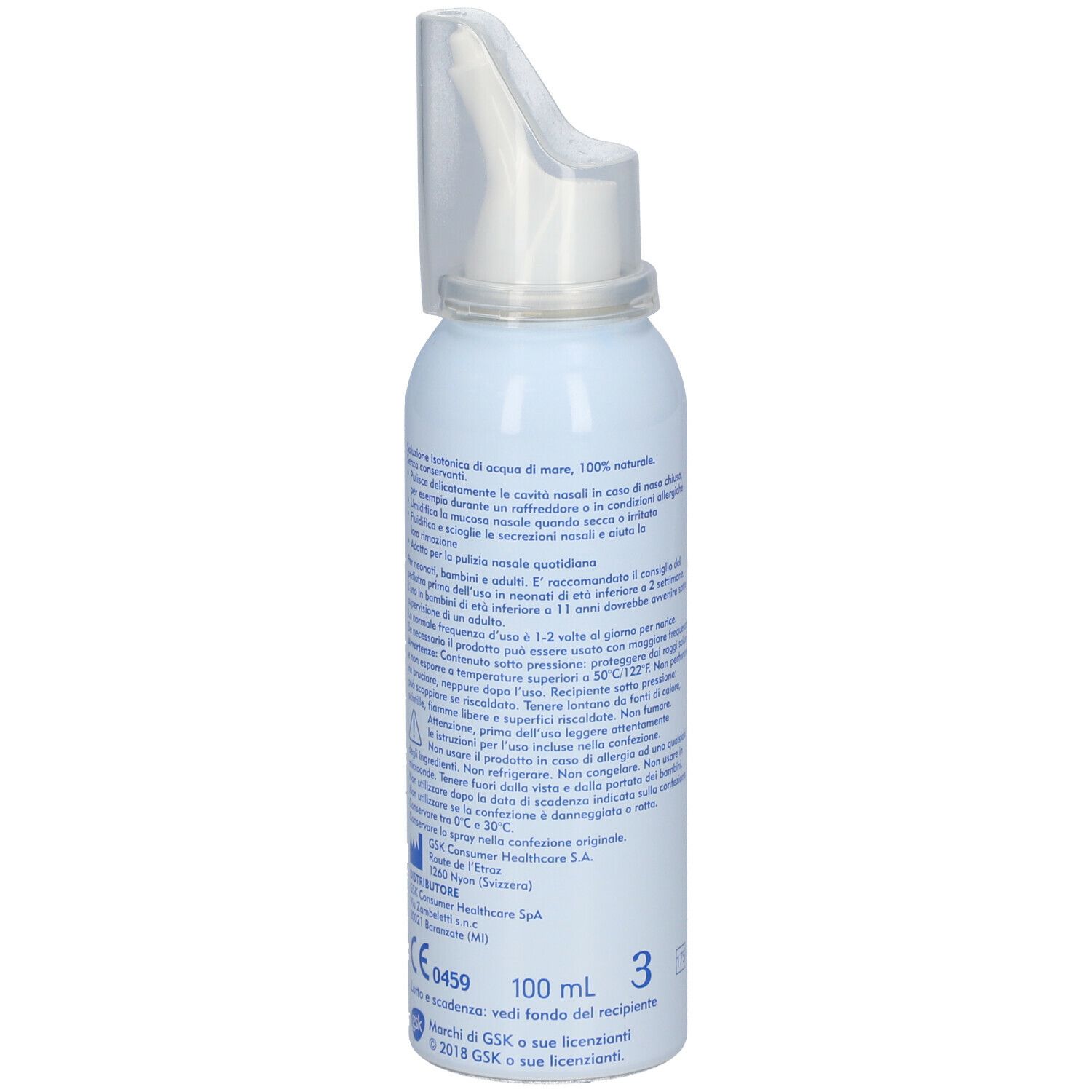 Retro di un flacone Narhinel bianco. Testo: Spray nasale delicato, con Acqua di Mare. Contiene informazioni e istruzioni.