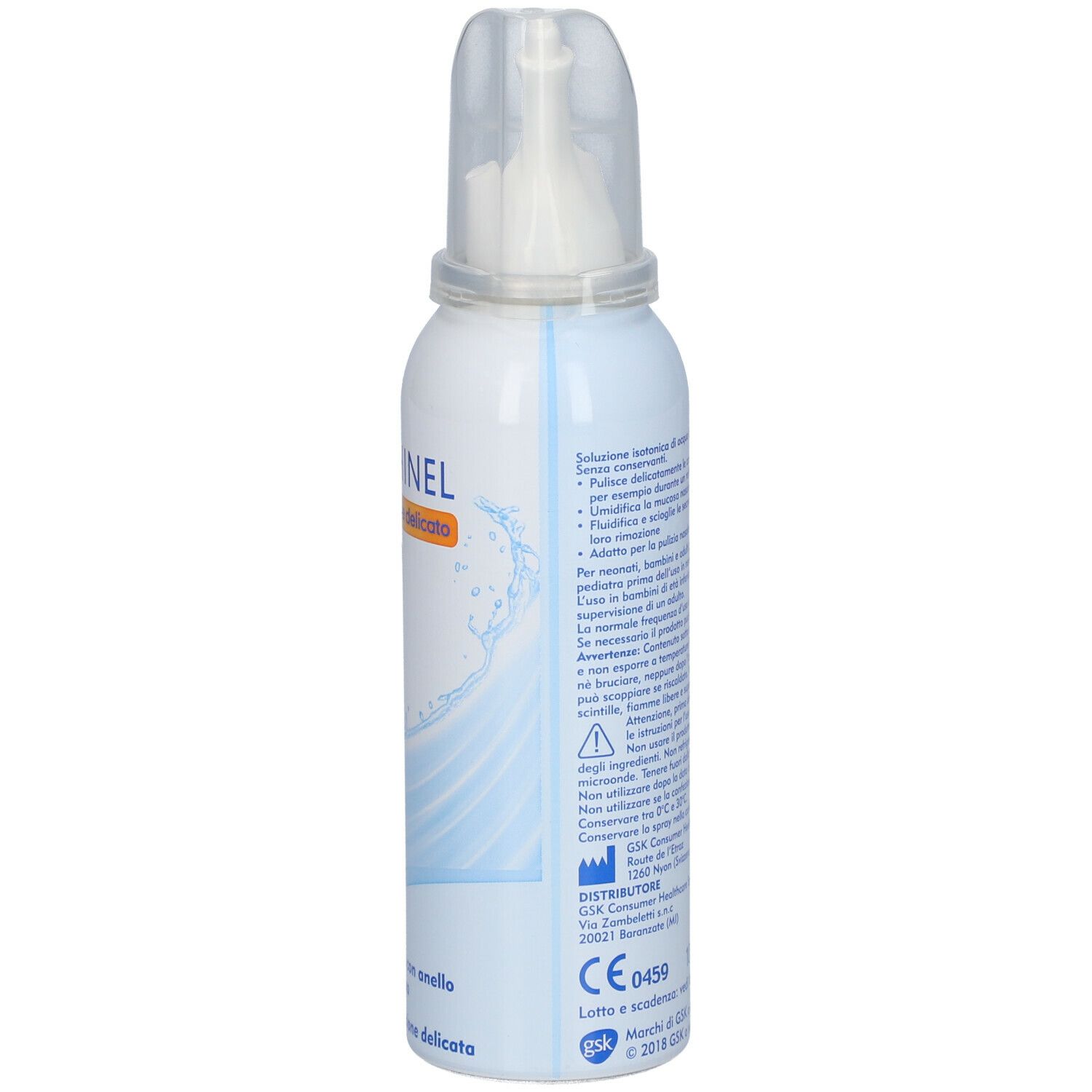 Retro di un flacone Narhinel bianco. Testo: Spray nasale delicato, con Acqua di Mare. Contiene informazioni e istruzioni.