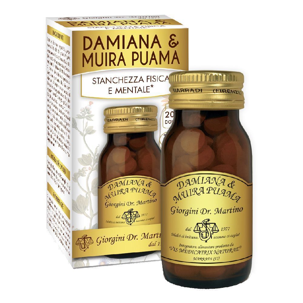 Deux flacons de comprimés. Inscription: Damiana & Muira Puama. Emballage avec nom du produit et logo.