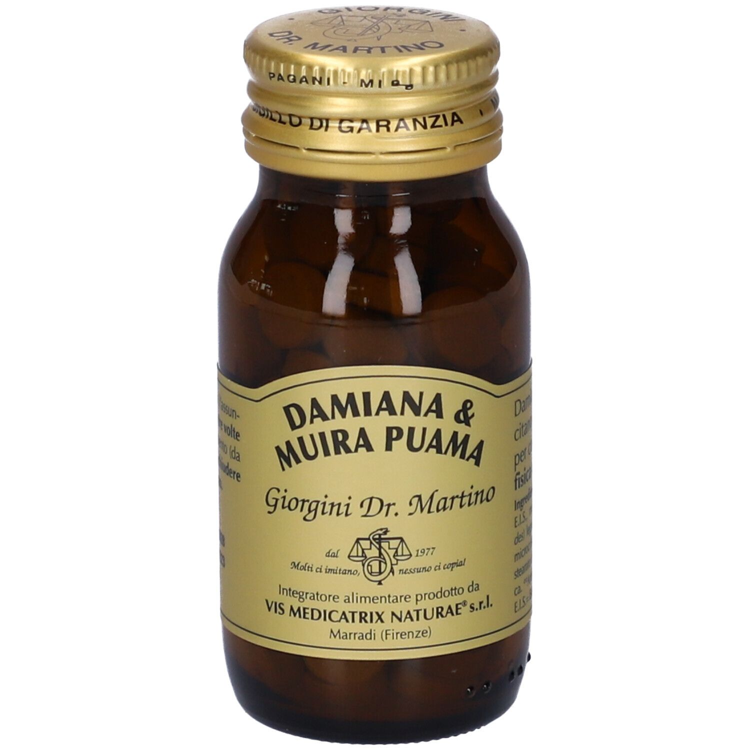 Flacon en verre brun avec comprimés. Inscription: Damiana & Muira Puama. Bouchon doré. Étiquette avec logo.