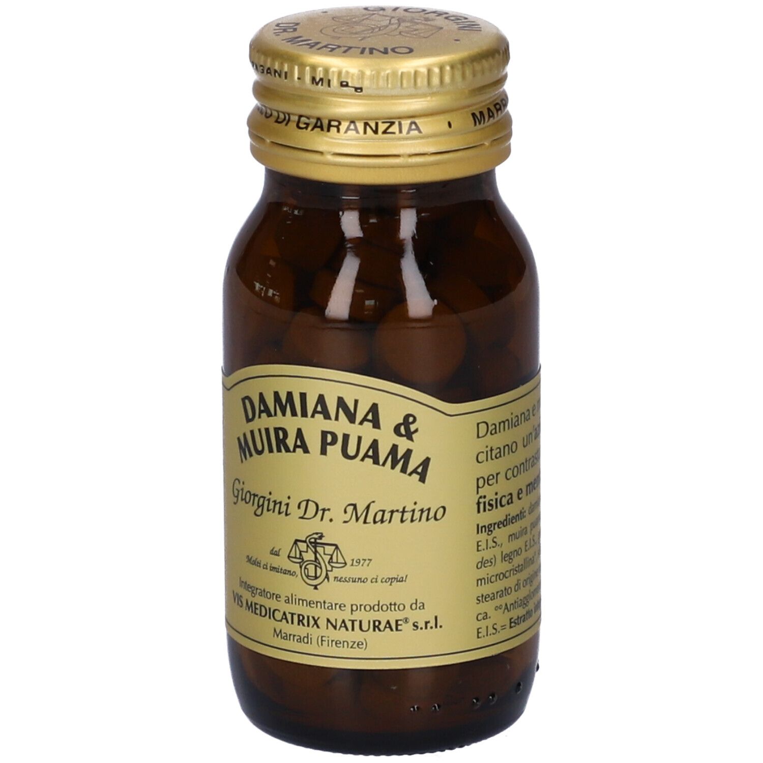 Flacon en verre brun avec comprimés. Inscription: Damiana & Muira Puama. Bouchon doré. Étiquette avec logo.
