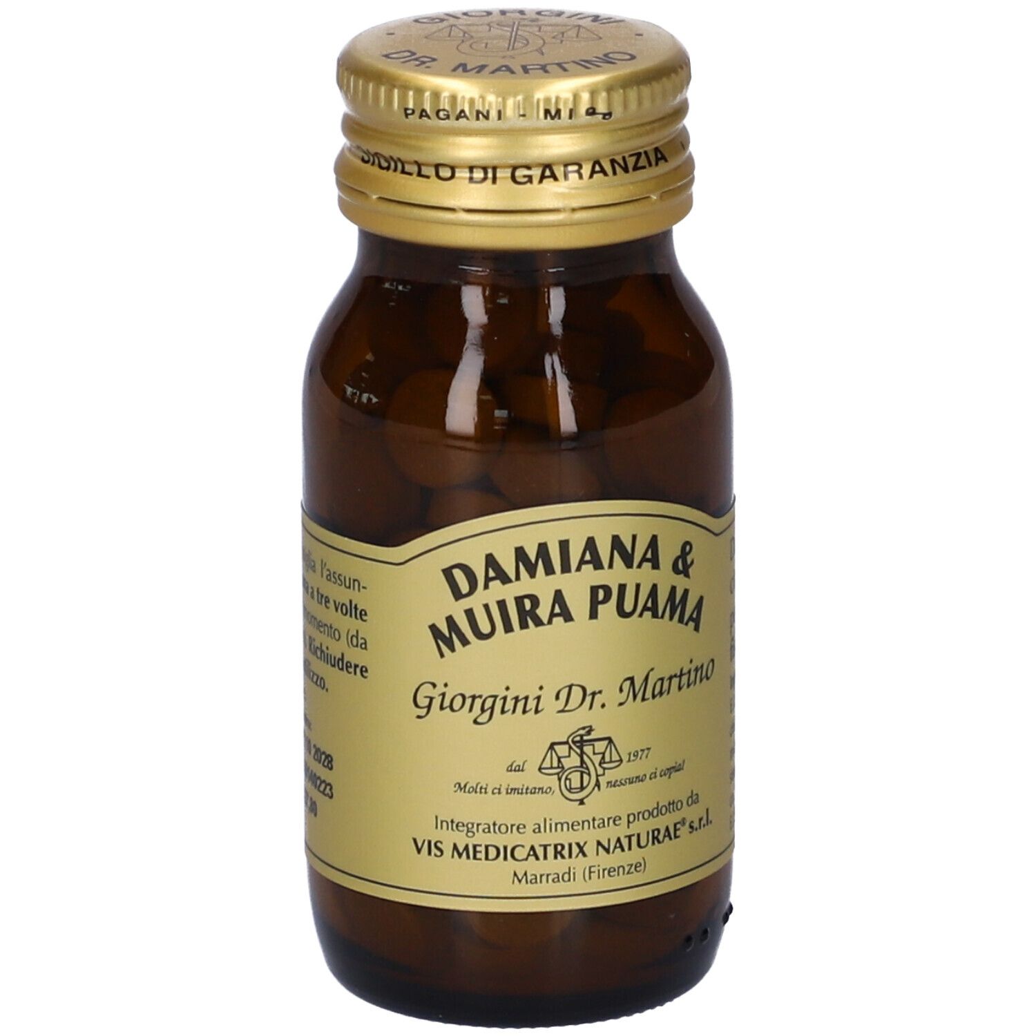 Flacon en verre brun avec comprimés. Inscription: Damiana & Muira Puama. Bouchon doré. Étiquette avec logo.