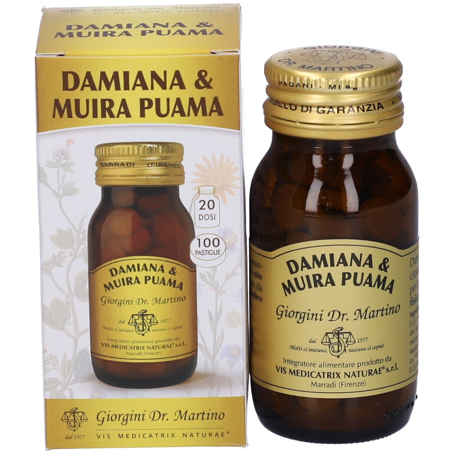 Flacon en verre brun avec comprimés et emballage. Inscription: Damiana & Muira Puama. Bouchon doré. Étiquette.