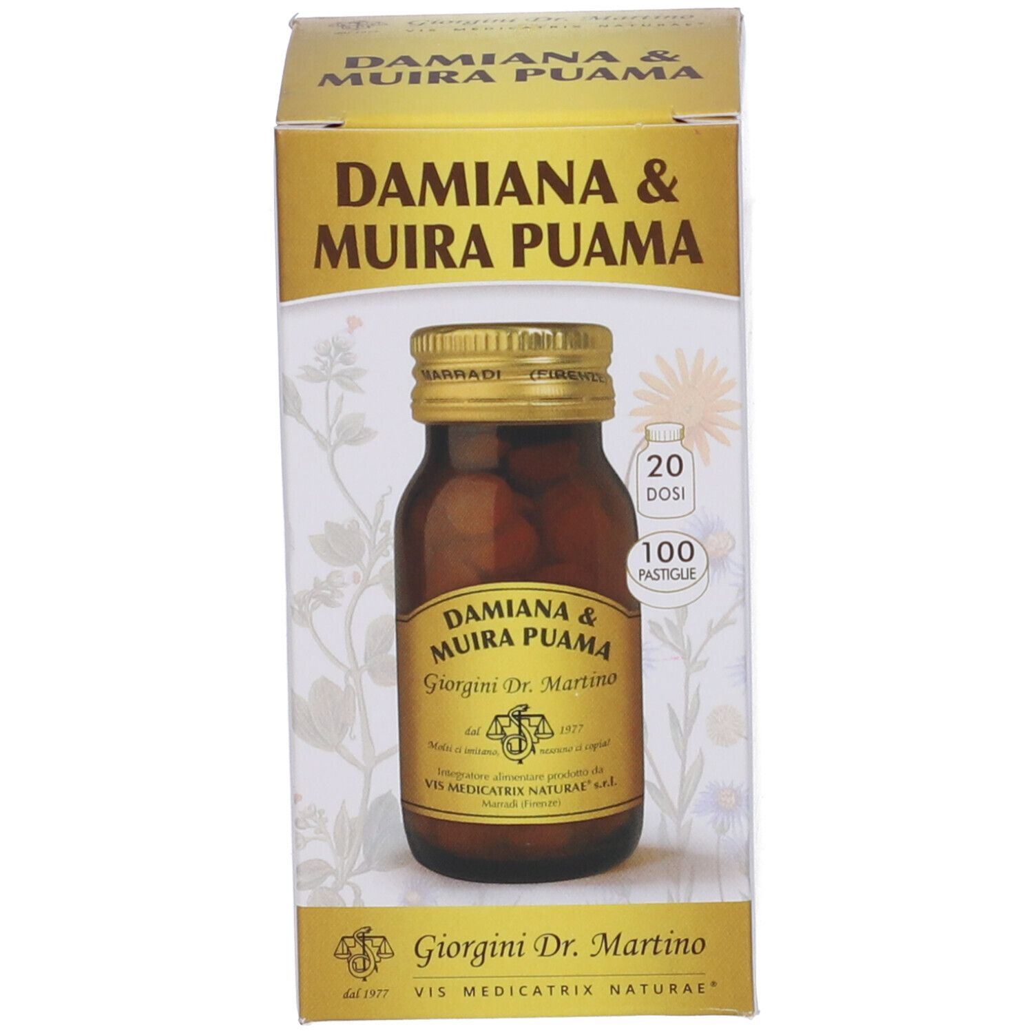 Emballage avec flacon. Inscription: Damiana & Muira Puama. Bouchon doré. Étiquette avec logo. 100 comprimés.