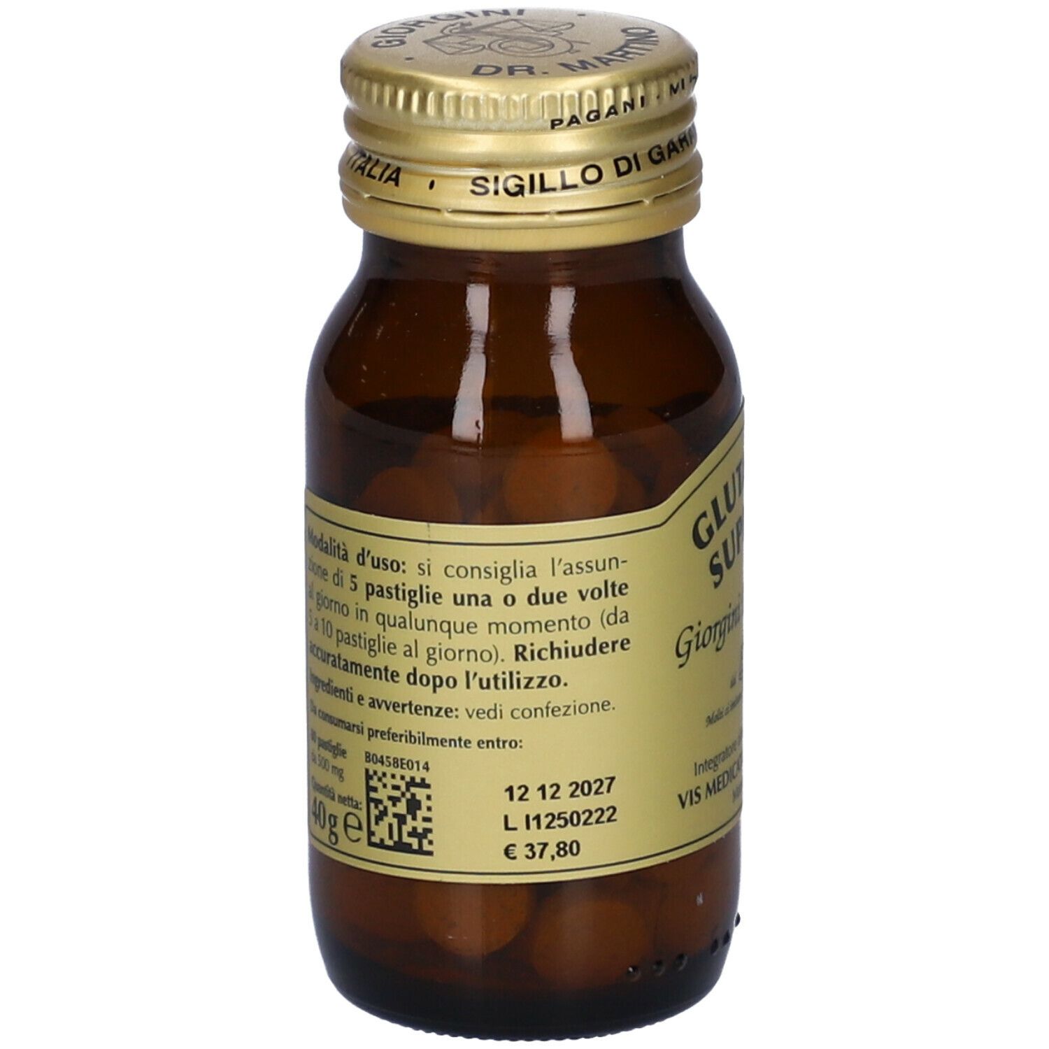 Flacone di vetro marrone con tappo dorato. Etichetta con testo e codice QR. Contiene compresse.