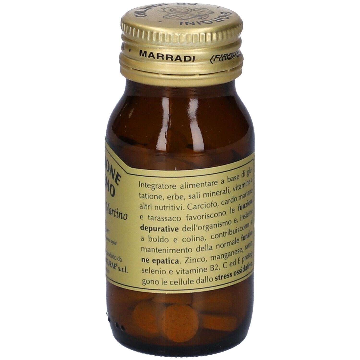 Flacone di vetro marrone con tappo dorato. Etichetta con testo. Contiene compresse.