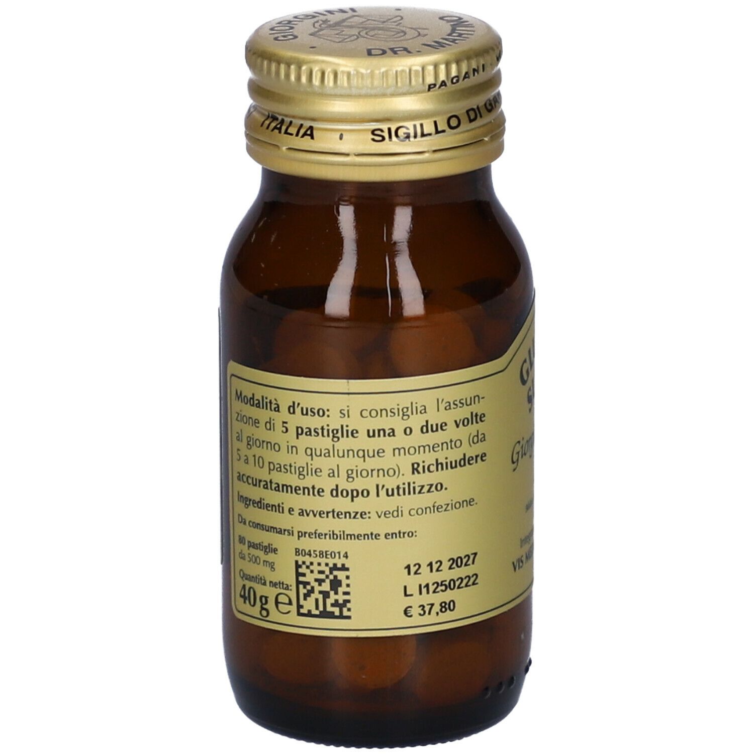 Flacone di vetro marrone con tappo dorato. Etichetta con testo e QR code. Contiene compresse.