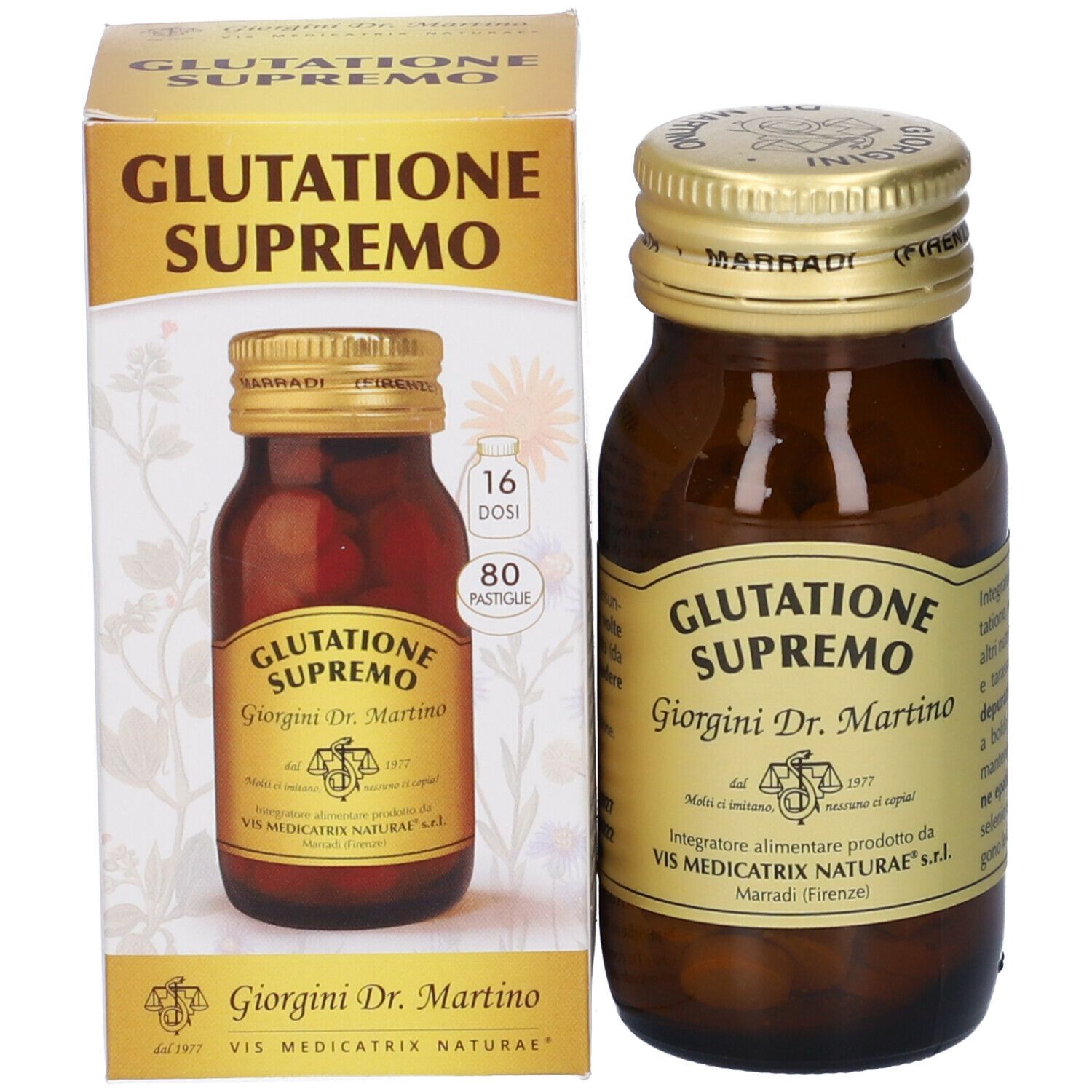 Flacone e scatola del prodotto. Flacone marrone con tappo dorato. Scatola con testo e immagine del flacone.