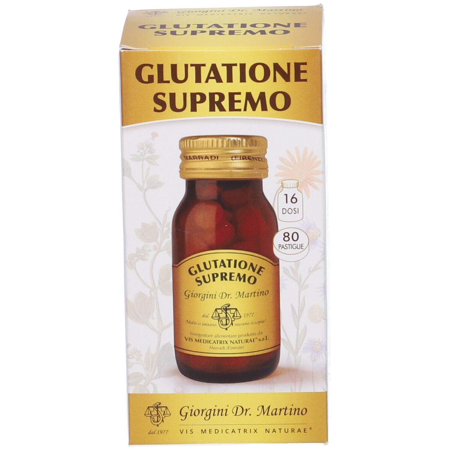 Confezione del prodotto. Scatola con testo e immagine del flacone. Flacone marrone con tappo dorato.