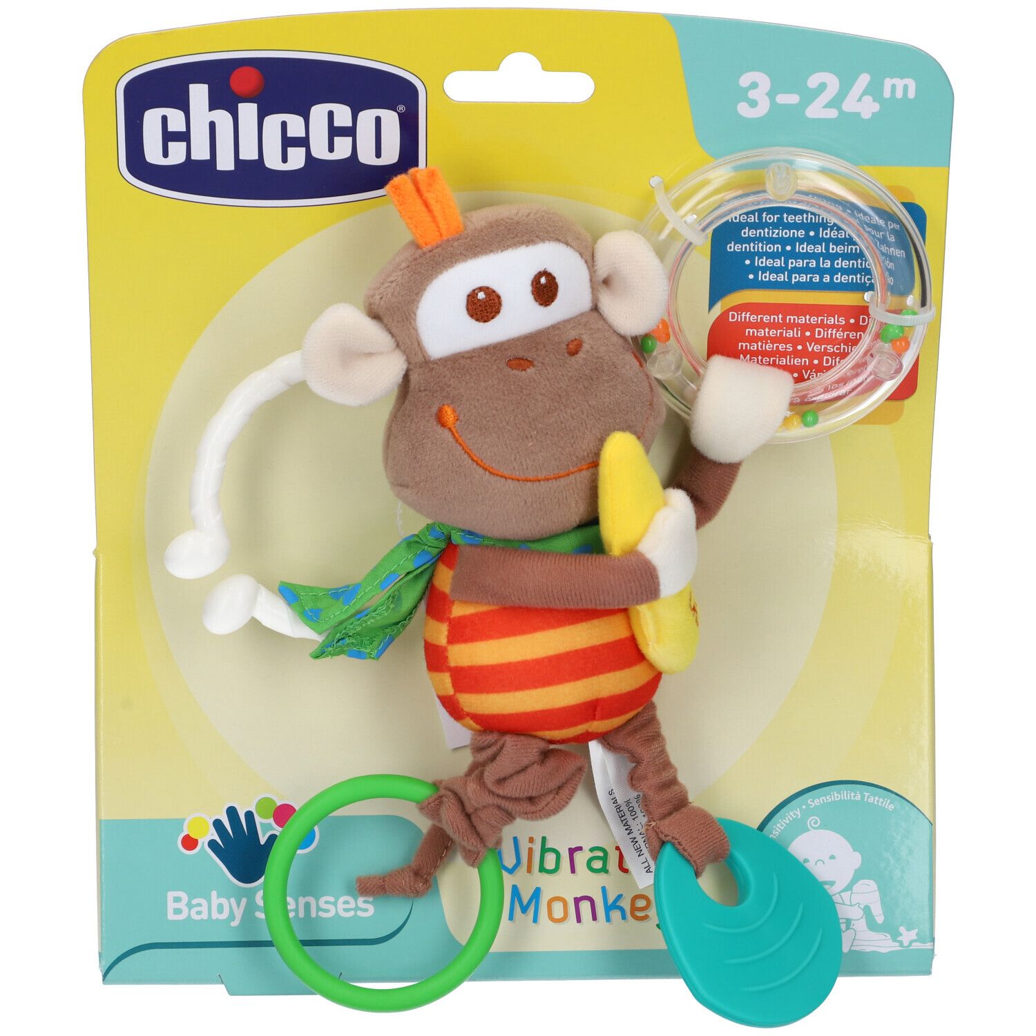 Giocattolo scimmia Chicco. Scimmia di stoffa marrone con anello e banana. Confezione con nome del prodotto e fascia d'età.