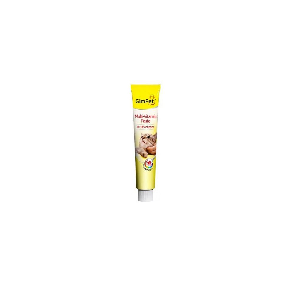 Tubo giallo GimCat. Scritta: Multi-Vitamin Paste + 12 vitamine. Immagine di un gatto. Tappo bianco.
