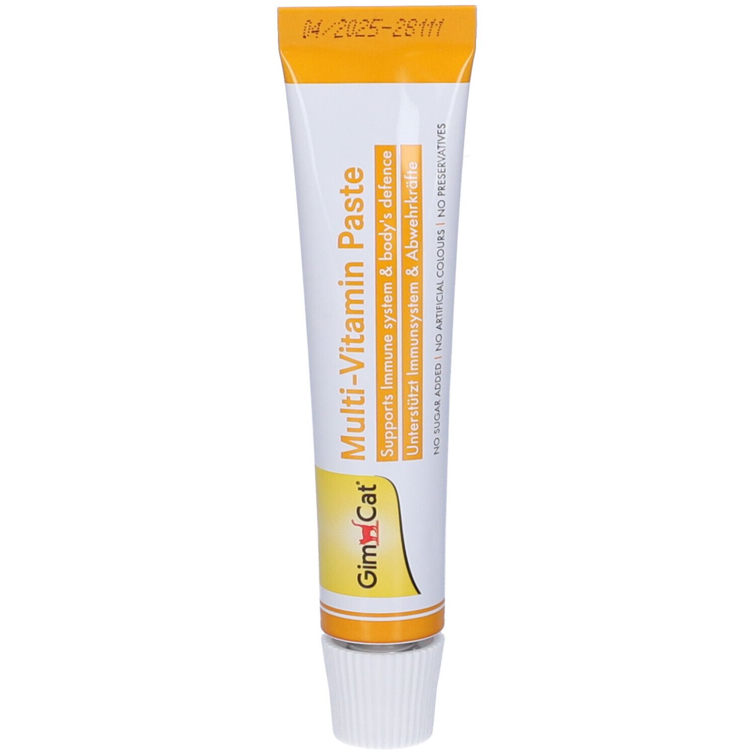 Tubo con tappo giallo. Scritta: Multi-Vitamin Paste, supporta il sistema immunitario. Logo GimCat.
