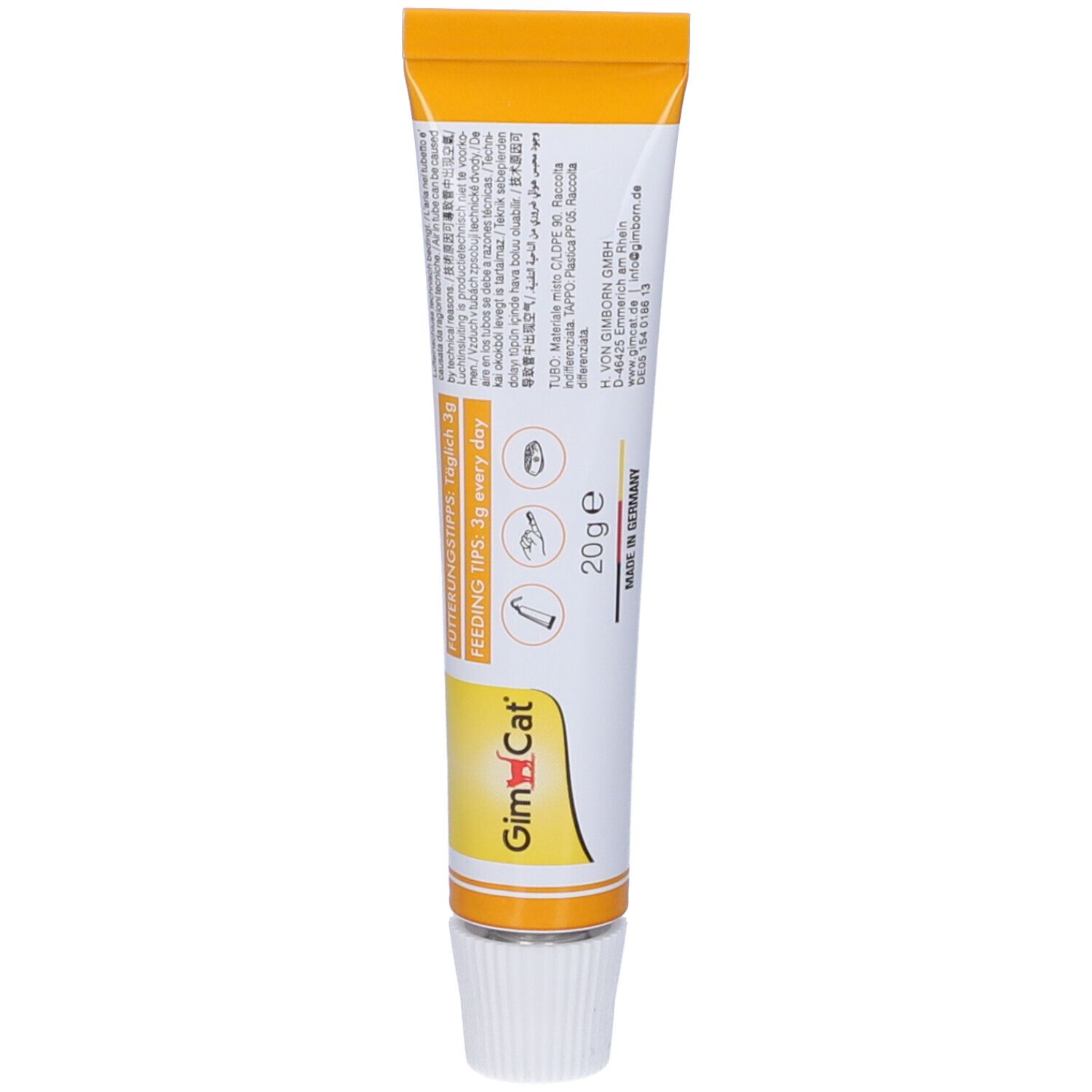 Retro del tubo. Scritta: Raccomandazioni per l'alimentazione, 20g, Made in Germany. Logo GimCat.