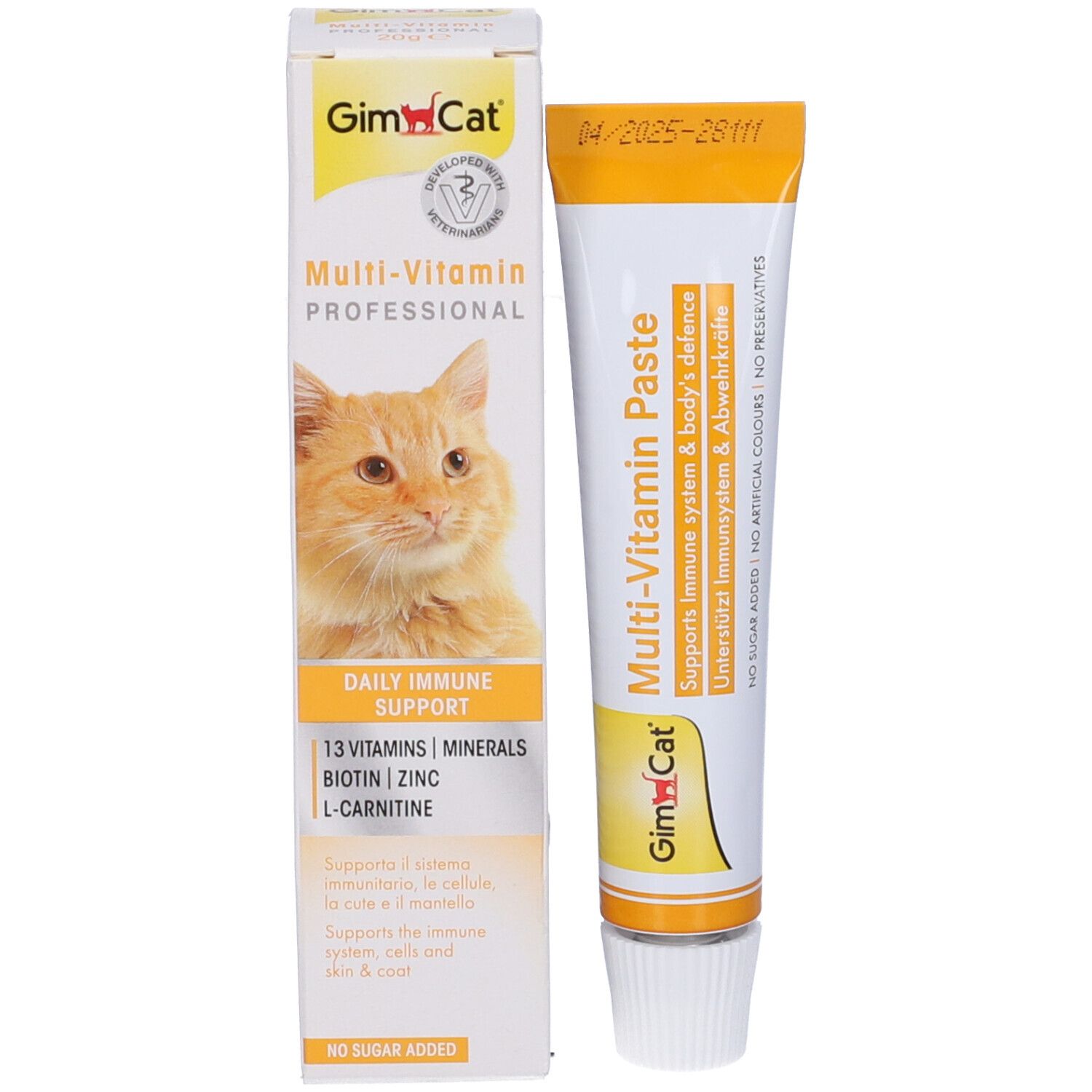 Confezione del prodotto con tubo. Scritta: Multi-Vitamin Professional, 13 vitamine, biotina, zinco, L-carnitina. Logo GimCat.