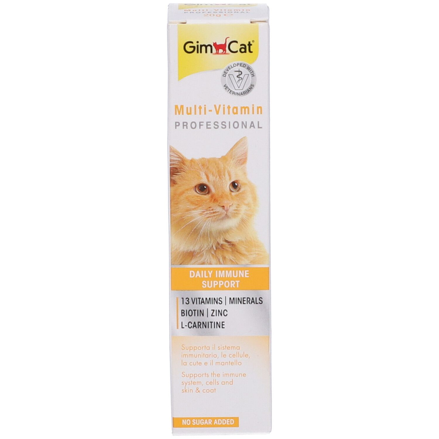 Confezione del prodotto. Scritta: Multi-Vitamin Professional, 13 vitamine, biotina, zinco, L-carnitina. Logo GimCat.