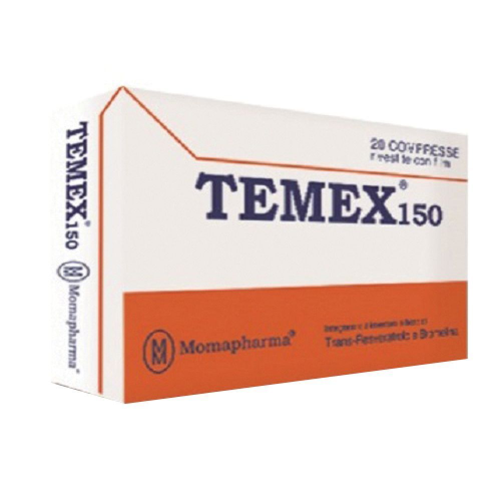 Scatola Temex 150, bianca e arancione. Nome del prodotto e 20 compresse. Logo Moma Pharma.