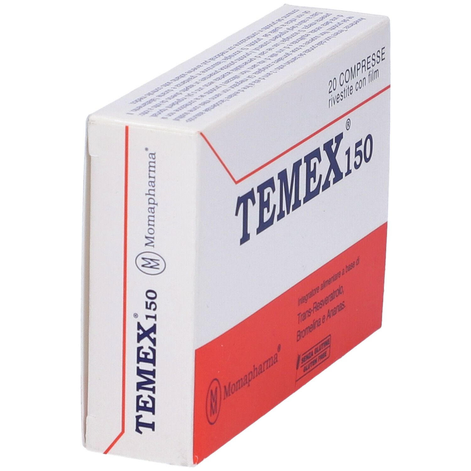 Scatola Temex 150, bianca e arancione. 20 compresse. Logo Moma Pharma. Informazioni sul prodotto.